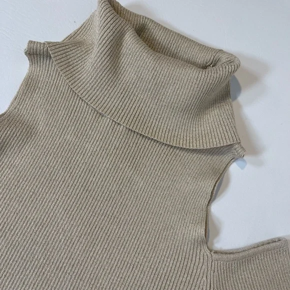 INTEMPO Cold Shoulder, Long Sleeve, Turtleneck Champagne Sweater. Medium New - Picture 10 of 13